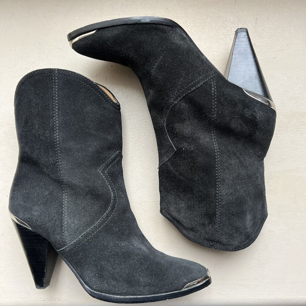 Joie Western Black Suede Pull On Ankle Boot w/ Silver Accents US 6.5 EU 37